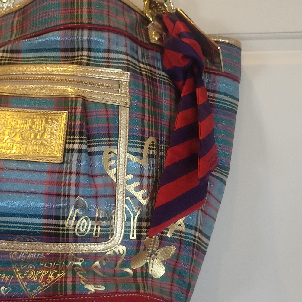 Coach Poppy Plaid Tote Bag with Gold, Blues, Greens and Reds. - Picture 3 of 14